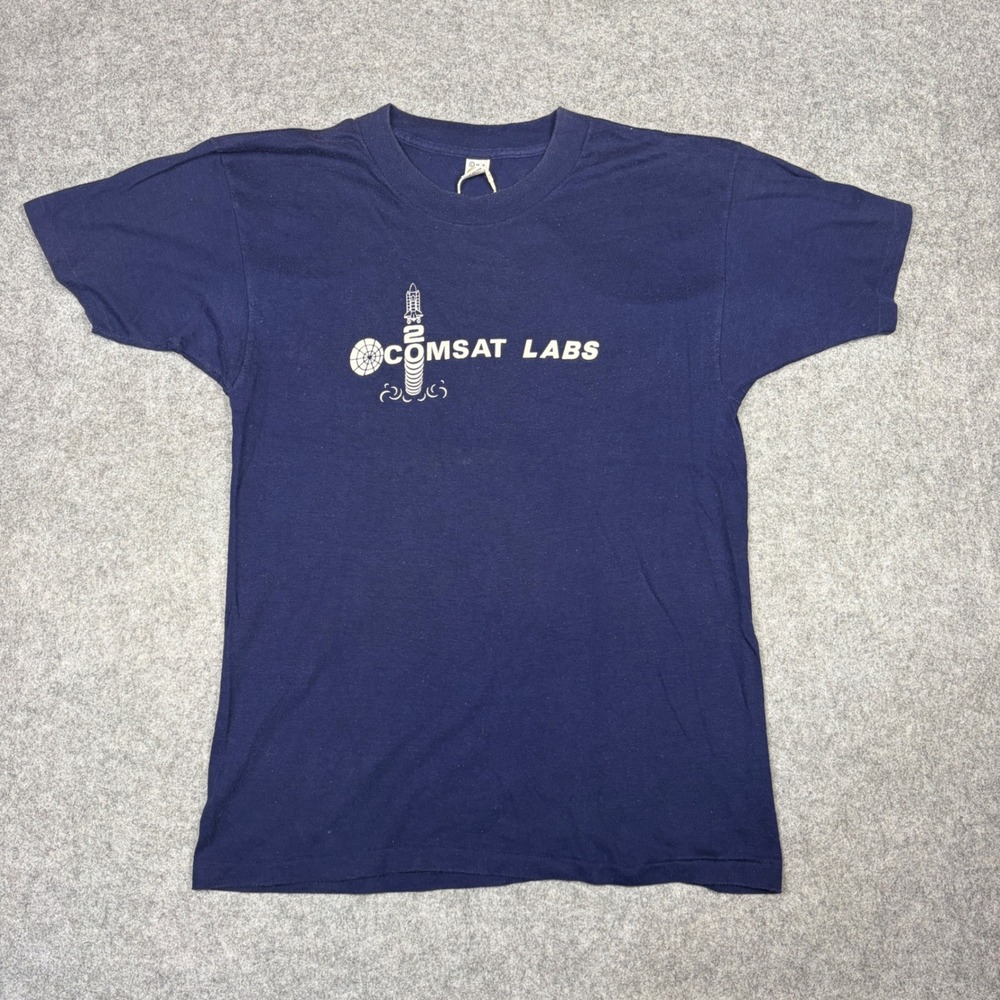 Vintage‎ 80s Comsat Labs T Shirt Navy Blue Medallion Single Stitch Graphic Tee L
